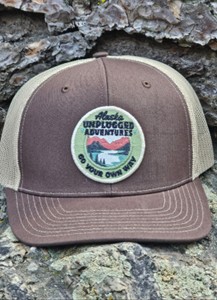 Brown/Khaki Snapback Trucker Hat with Unplugged Adventures Circle Logo